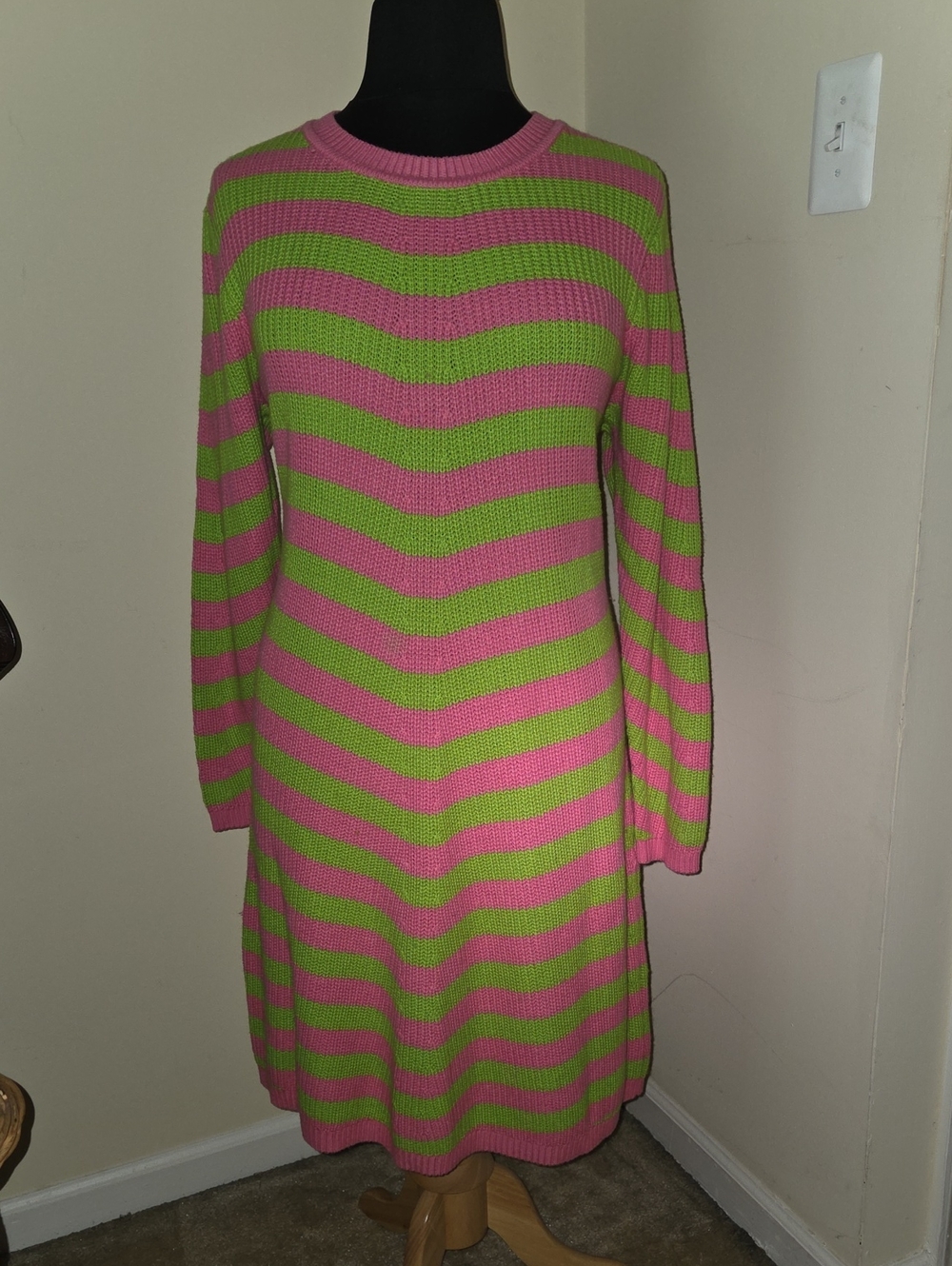 Crewneck Long-Sleeve Victor Glemaud Striped Knit Sweater Dress in Pink and Green